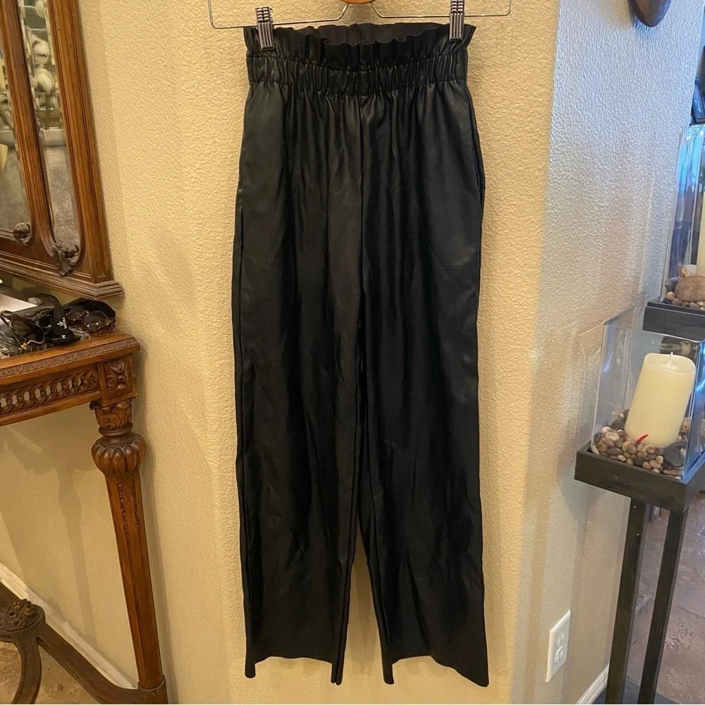 H&M Women Black Faux Leather Elastic Waistband Wide-Leg Pants Size 0